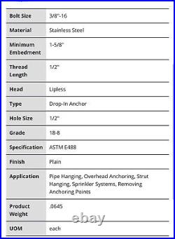 3/8-16 Multi Set Stainless Steel Drop-In Anchor With Setting Tool NIB Qty 50